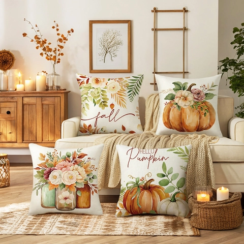Autumn Pumpkin Flower Lettering Print Square Pillowcase Linen-Look Polyester Decorative Cushion Cover For Sofa Living Room Home Thanksgiving Halloween Decor