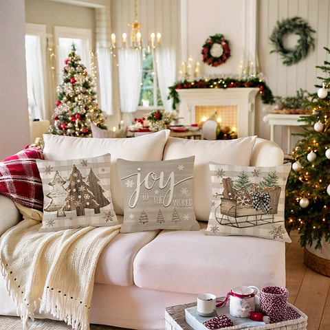 Fodere per Cuscini Decorativi Natalizi Effetto Lino Poliestere Copricuscini per Divano Casa Motivi Festivi Stampati Quadrati