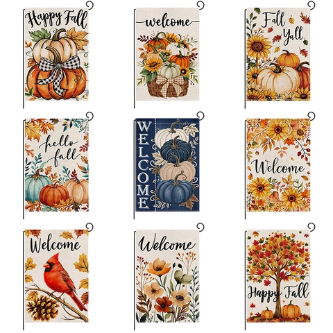 Autumn Harvest Garden Flag Linen Look Burlap Double Sided Welcome Happy Fall Pumpkin Sunflower Maple Leaf Yard Decor Banner