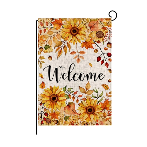 Autumn Harvest Garden Flag Linen Look Burlap Double Sided Welcome Happy Fall Pumpkin Sunflower Maple Leaf Yard Decor Banner
