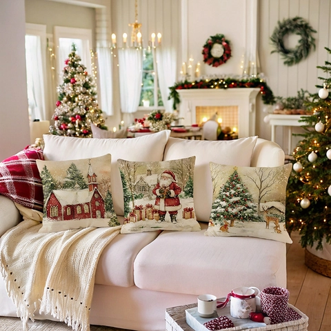 Funda de Almohada de Navidad Papá Noel Muñeco de Nieve Estampado Funda de Cojín de Poliéster Para Sofá Hogar Sala de Estar Decoración de Vacaciones Regalo