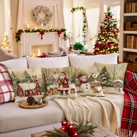 Funda de Almohada de Navidad Papá Noel Muñeco de Nieve Estampado Funda de Cojín de Poliéster Para Sofá Hogar Sala de Estar Decoración de Vacaciones Regalo