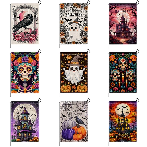 Halloween Gartenflagge Doppelseitig Polyester Leinenoptik Garten Deko Geist Kürbis Spukschloss Outdoor Banner Dekoration