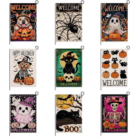 Halloween Garden Flag Double Sided Polyester Welcome Outdoor Decoration Banner With Iron Stand Ghost Pumpkin Black Cat Pattern