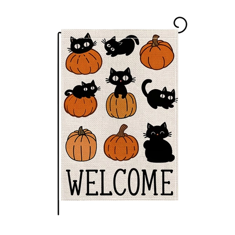 Halloween Garden Flag Double Sided Polyester Welcome Outdoor Decoration Banner With Iron Stand Ghost Pumpkin Black Cat Pattern