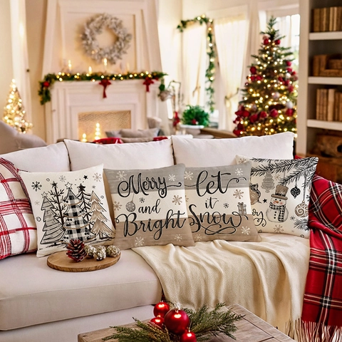 Fodera Per Cuscino Natalizio Cotone Lino Federa Decorativa Festiva Divano Stile Nordico Rustico Cerniera Nascosta