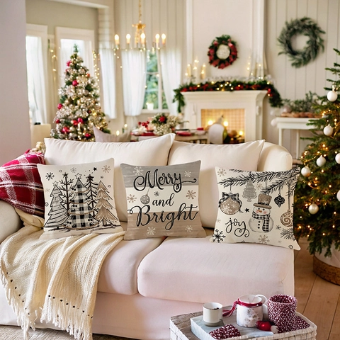 Fodera Per Cuscino Natalizio Cotone Lino Federa Decorativa Festiva Divano Stile Nordico Rustico Cerniera Nascosta