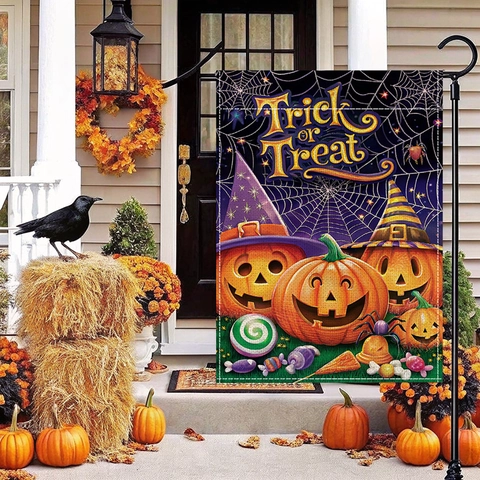 Halloween Garden Flag Double Sided Linen Like Polyester Yard Banner For Outdoor Festive Decoration Pumpkin Cat Skeleton Pattern