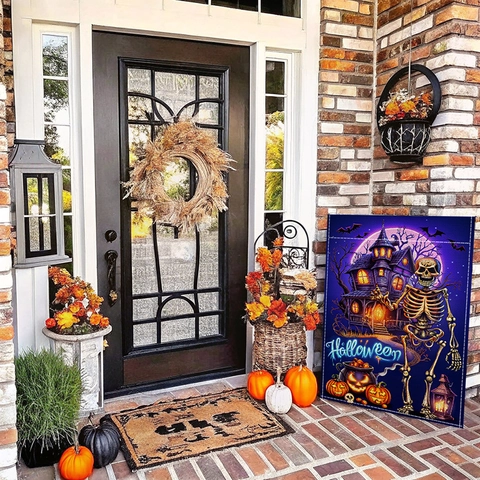 Halloween Garden Flag Double Sided Linen Like Polyester Yard Banner For Outdoor Festive Decoration Pumpkin Cat Skeleton Pattern
