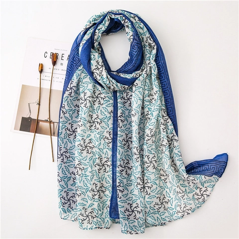 Women Lightweight Floral Print Scarf Greek Key Pattern Sun Protection Summer Beach Shawl Thin Polyester Neck Wrap