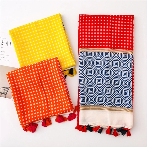 Sciarpa Con Nappine A Motivi Geometrici Grande Scialle Sensazione Cotone Lino Per Donna Pashmina Patchwork Leggera Accessorio
