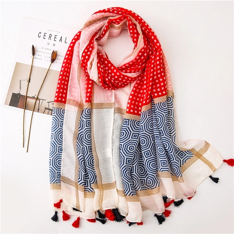 Sciarpa Con Nappine A Motivi Geometrici Grande Scialle Sensazione Cotone Lino Per Donna Pashmina Patchwork Leggera Accessorio