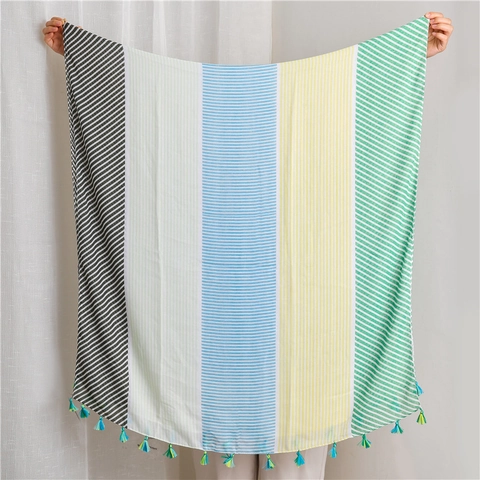 Dames Bohemian Gekleurde Streep Sjaal Grote Polyester Kwastje Sjaal Etnische Geometrische Zonnescherm Stranddoek Oversized Sjaal