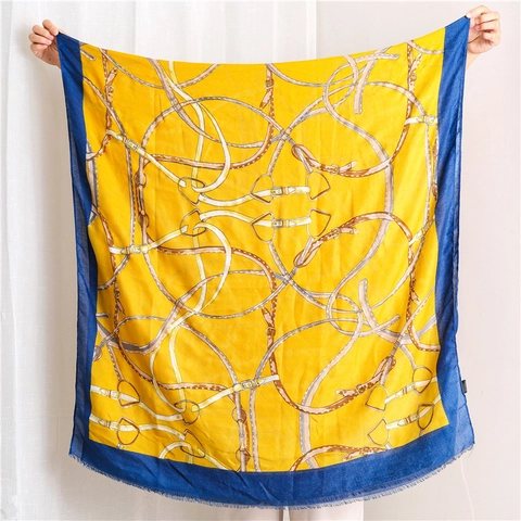 Women's Elegant Equestrian Chain Print Scarf Cotton Linen Feel Polyester Shawl With Tassels Horse Bit Pattern Wrap For Travel