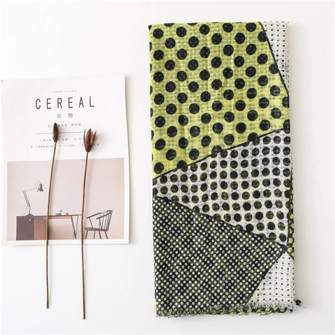 Women Polka Dot Scarf Shawl Cotton Linen Feel Geometric Patchwork Lightweight Breathable Frayed Edge Travel Accessory