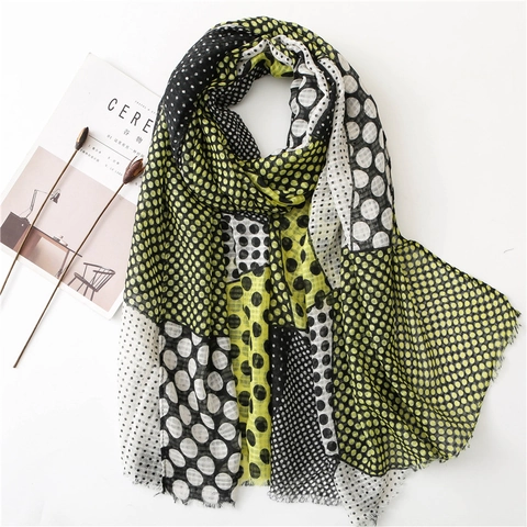 Women Polka Dot Scarf Shawl Cotton Linen Feel Geometric Patchwork Lightweight Breathable Frayed Edge Travel Accessory