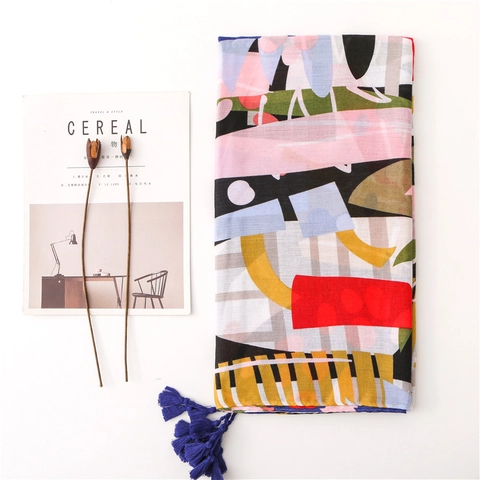 Abstract Tropical Plant Scarf Women Long Cotton Polyester Shawl With Tassels Artistic Bohemian Sunshade Wrap