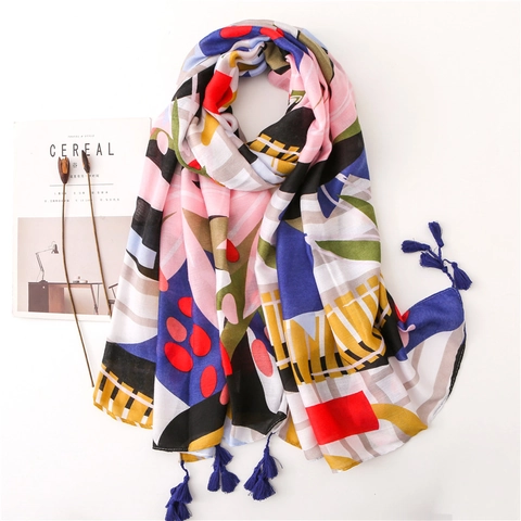 Abstract Tropical Plant Scarf Women Long Cotton Polyester Shawl With Tassels Artistic Bohemian Sunshade Wrap