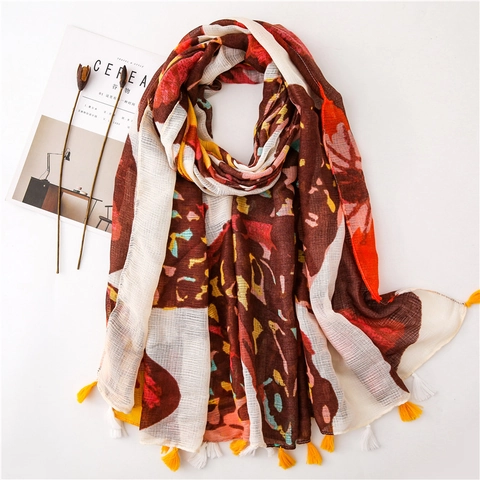 Women Long Butterfly Print Scarf Bohemian Artistic Cotton Polyester Tassel Shawl Lightweight Sun Protection Thin Wrap