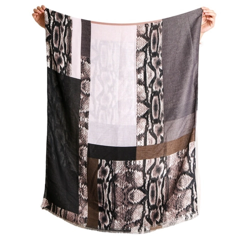 Women Fashion Scarf Snake Skin Print Color Block Cotton Linen Feel Viscose Large Shawl Wrap Frayed Edge Versatile