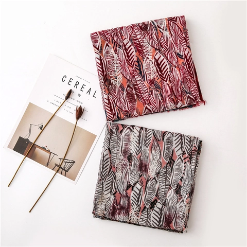 Elegant Shawl Scarf Cotton Linen Feel Feather Leaf Print Bronzing Bohemian Long Large Pashmina For Women Lightweight