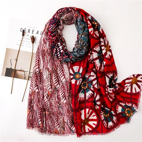 Elegant Shawl Scarf Cotton Linen Feel Feather Leaf Print Bronzing Bohemian Long Large Pashmina For Women Lightweight