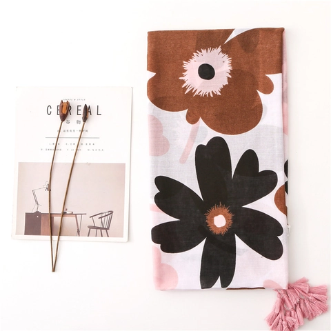 Floral Print Women Scarf Large Cotton Polyester Shawl With Tassels Ethnic Style Sun Protection Travel Beach Wrap