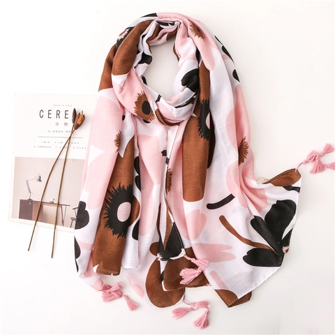 Floral Print Women Scarf Large Cotton Polyester Shawl With Tassels Ethnic Style Sun Protection Travel Beach Wrap