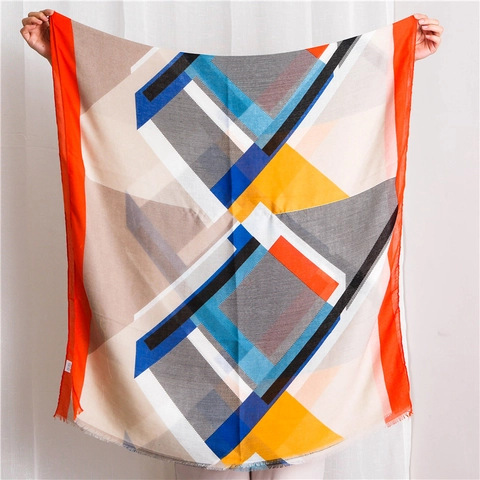 Sciarpa Da Donna Con Stampa Geometrica Effetto Cotone Lino Scialle Protezione Solare Spiaggia Moderno Astratto Mantella