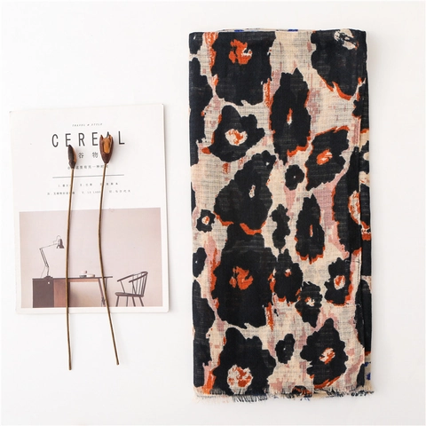 Sciarpa Scialle Stampa Leopardata Motivo Astratto Effetto Cotone Lino Leggero Frange Grande Avvolgente Decorativo Donna