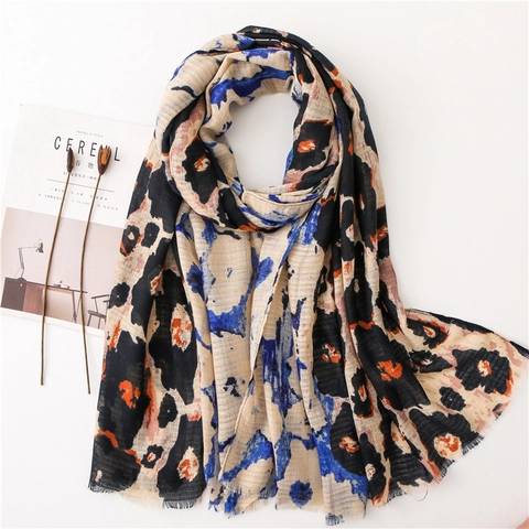 Sciarpa Scialle Stampa Leopardata Motivo Astratto Effetto Cotone Lino Leggero Frange Grande Avvolgente Decorativo Donna