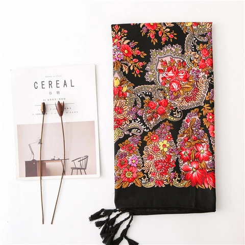 Ethische Sjaal Met Bloemenprint Dames Groot Polyester Katoengevoel Strand Zonbescherming Wikkeldoek Met Kwasten Vintage