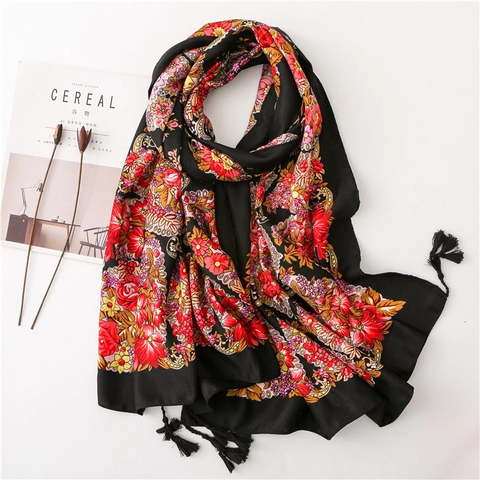 Ethische Sjaal Met Bloemenprint Dames Groot Polyester Katoengevoel Strand Zonbescherming Wikkeldoek Met Kwasten Vintage