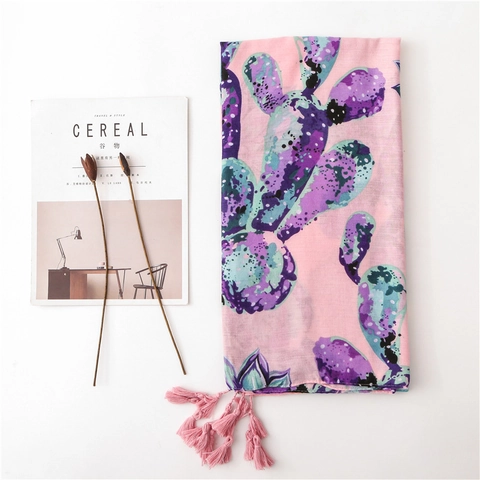 Women Long Scarf Shawl Floral Print Cotton Polyester Blend With Tassel Sun Protection Decorative Chic Accessory