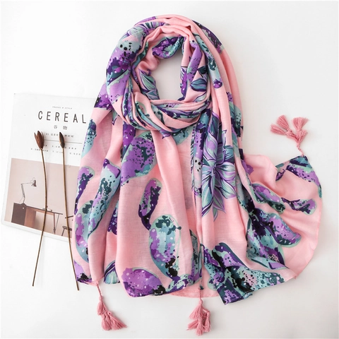 Women Long Scarf Shawl Floral Print Cotton Polyester Blend With Tassel Sun Protection Decorative Chic Accessory