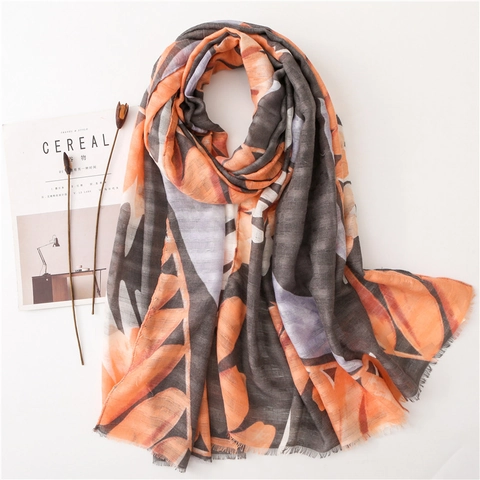 Scialle Lungo da Donna Leggero Effetto Cotone Lino Con Stampa a Foglia Astratta E Nappine Protezione Solare Accessorio Quotidiano