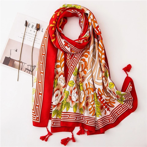 Écharpe Châle Style Chinois Rétro Avec Glands Motif Floral Pivoine Protection Solaire Légère Pour Femmes Toucher Satin