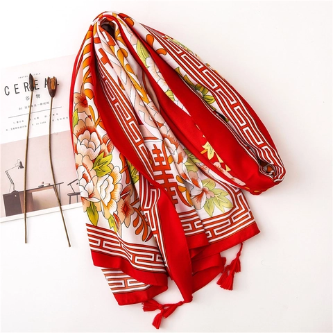 Écharpe Châle Style Chinois Rétro Avec Glands Motif Floral Pivoine Protection Solaire Légère Pour Femmes Toucher Satin