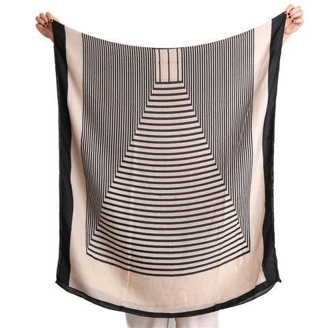 Women Scarf Shawl Cotton Linen Feel Polyester Large Geometric Stripe French Style Elegant Lightweight Travel Wrap