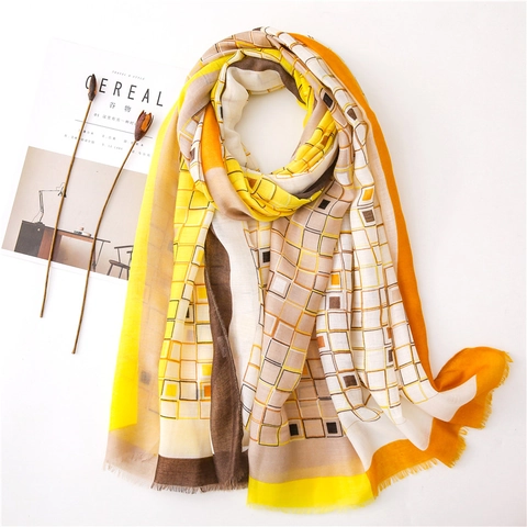 Sciarpa Da Donna Con Stampa A Quadri Geometrici Scialle Leggero Tatto Cotone Lino Lungo Con Frange Elegante Da Spiaggia