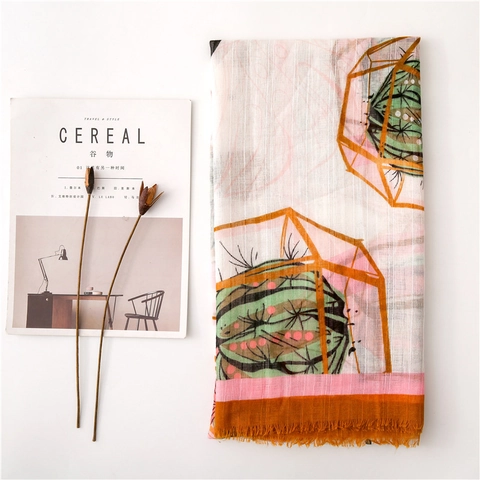 Women Cotton Linen Scarf Cactus Print Sun Protection Shawl With Tassels Lightweight Breathable Long Wrap