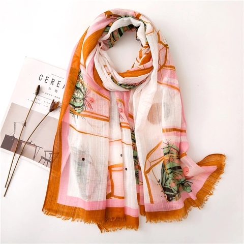 Women Cotton Linen Scarf Cactus Print Sun Protection Shawl With Tassels Lightweight Breathable Long Wrap
