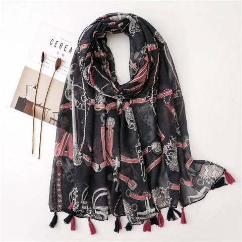 Großer Schal Mit Reiterdruck Polyester-Voile Leicht Retro Pferdekette Quaste Strand Sonnenschutz Wickeltuch Für Damen