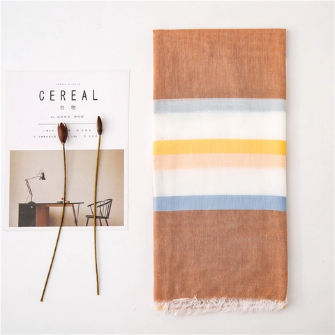 Japanese Style Striped Cotton Linen Feel Scarf For Women Lightweight Sun Protection Shawl With Tassel Fringe Multi Color Large Wrap