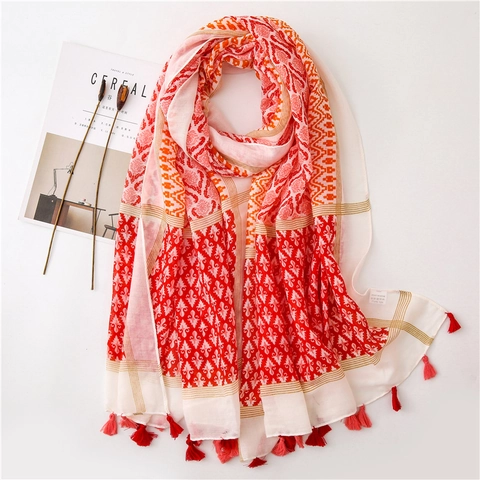 Bohemian Print Scarf Shawl Cotton Linen Polyester With Tassels Beach Sunscreen Vacation Large Wrap For Women