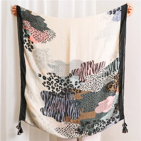 Donna Grande Scialle Sciarpa Sensazione Cotone Lino Poliestere Stampa Animale Leopardo Zebra Sfumata Elegante Nappa Avvolgimento Decorativo