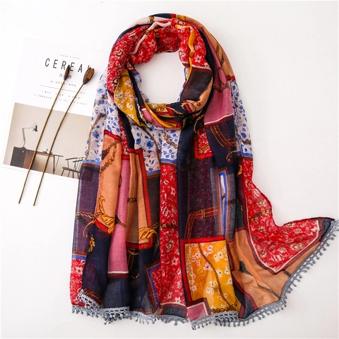 Vintage Böhmischer Schal Damen Polyester Baumwolle Blumen Kette Print Quaste Pom Pom Rand Strand Sonnenschutz Wickel