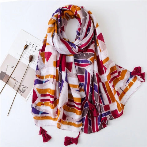 Sciarpa Scialle Stampa Geometrica Cotone Satinato Etnico Boho Spiaggia Protezione Solare Con Nappe Per Donne