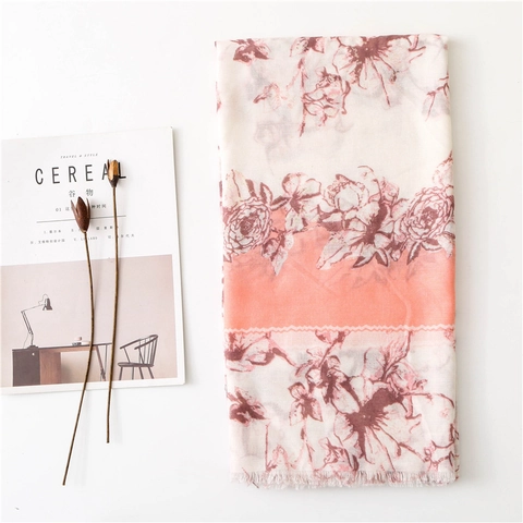 Floral Print Scarf Long Large Lightweight Satin Cotton Voile Shawl Wrap Frayed Edge For Women Elegant Decorative