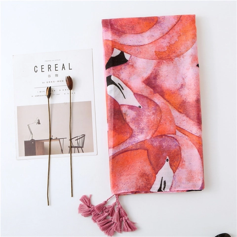Flamingo Print Cotton Linen Scarf With Tassels Lightweight Summer Beach Shawl Sun Protection Soft Wrap For Women